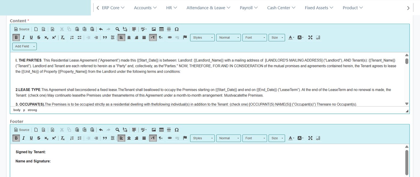 Fophex ERP lease agreement template editor with merge fields for tenant, landlord, property and lease dates
