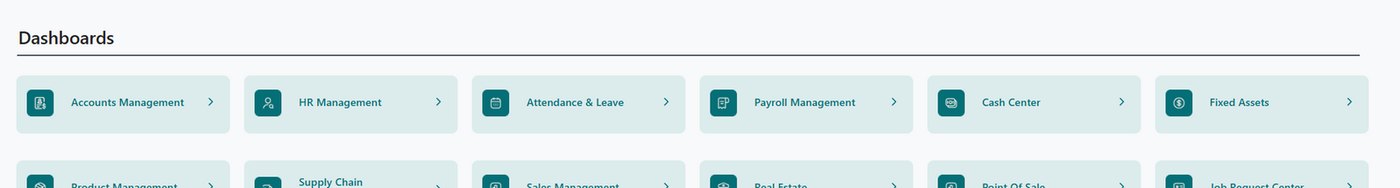 Fophex ERP dashboard listing modules for accounts, HR, attendance and leave, payroll, cash centre, fixed assets, product management, supply chain, sales, real estate and point of sale